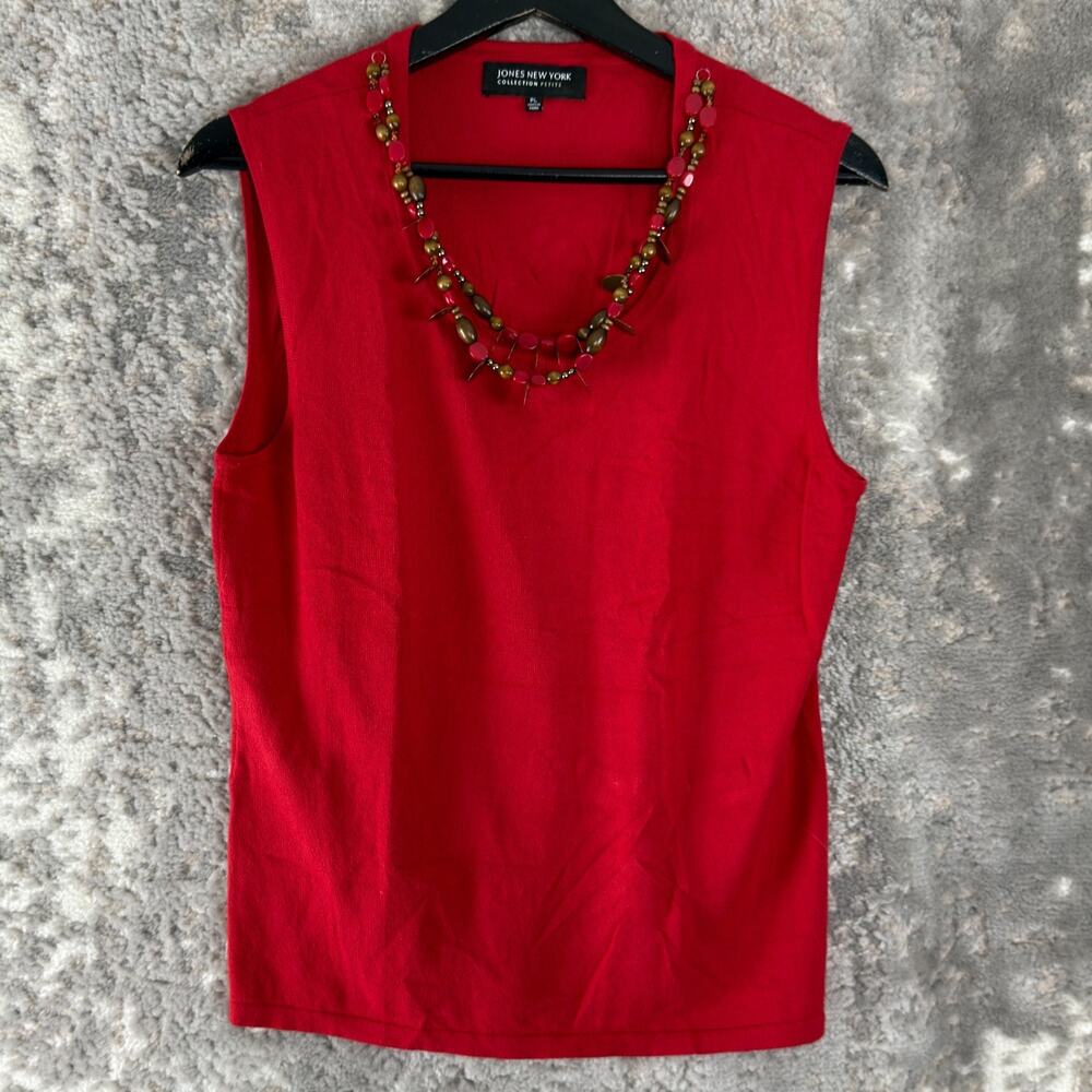 Jones New York Petite Size LP Minimalist Beaded Necklace Sleeveless Top Red